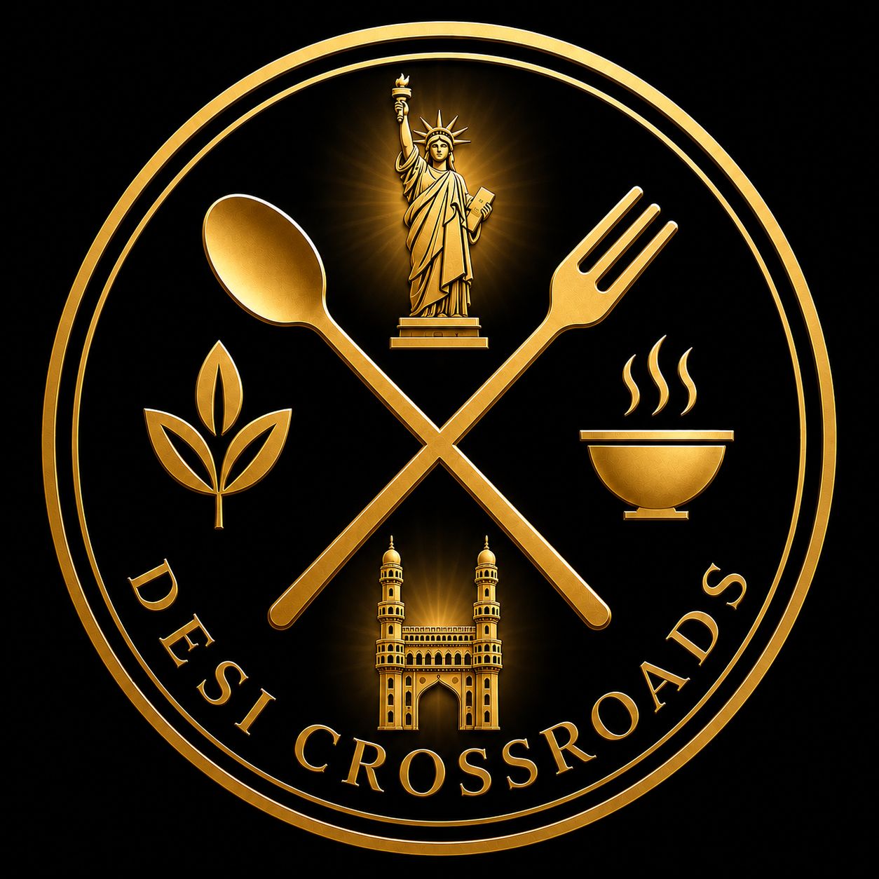Desi Crossroads — Indian restaurant logo featuring a spoon, fork, Statue of Liberty and Charminar